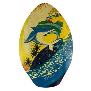 Vintage Skim Board Michael Searle Signed Colorful Dolphin Design Wood Surfing